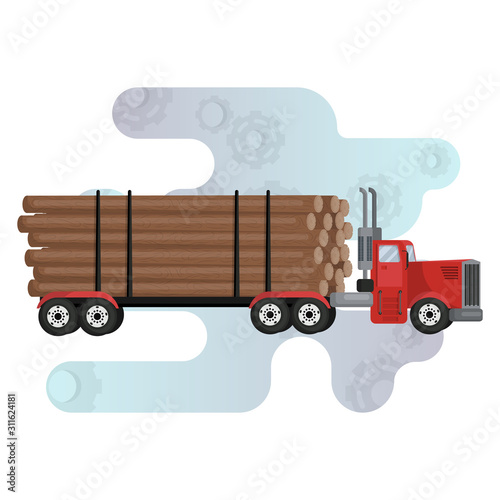 Timber carrying vessel. Special cargo vehicle for timber transportation. Illustration in flat vector style