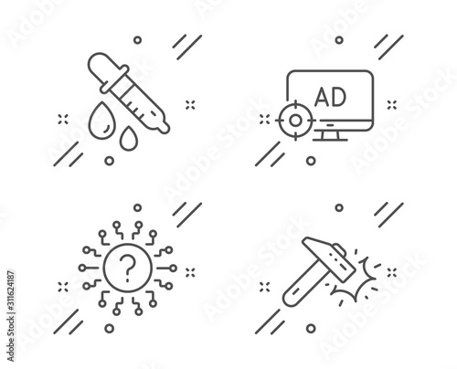 Question mark, Chemistry pipette and Seo adblock line icons set. Hammer blow sign. Quiz chat, Laboratory, Search engine. Crash tool. Technology set. Line question mark outline icon. Vector