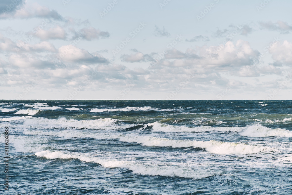 Waves on the Baltic Sea. Storm at sea in winter