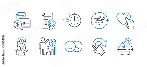 Set of Business icons, such as Oculist doctor, Cooking timer, Hold heart, Like, Seo statistics, Accounting report, Rotation gesture, Certificate, Wind energy, Megaphone line icons. Vector