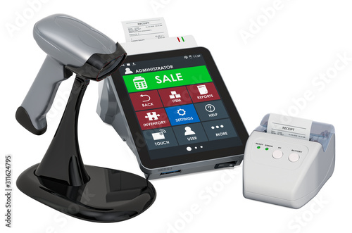 Online cash register, receipt printer, barcode reader with POS-terminal, 3D rendering photo