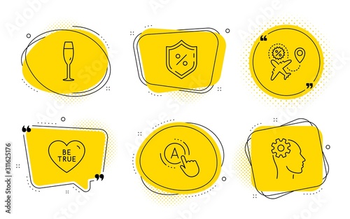 Champagne glass, Loan percent and Engineering signs. Chat bubbles. Ab testing, Be true and Flight sale line icons set. A test, Love sweetheart, Travel discount. Winery. Line ab testing icon. Vector