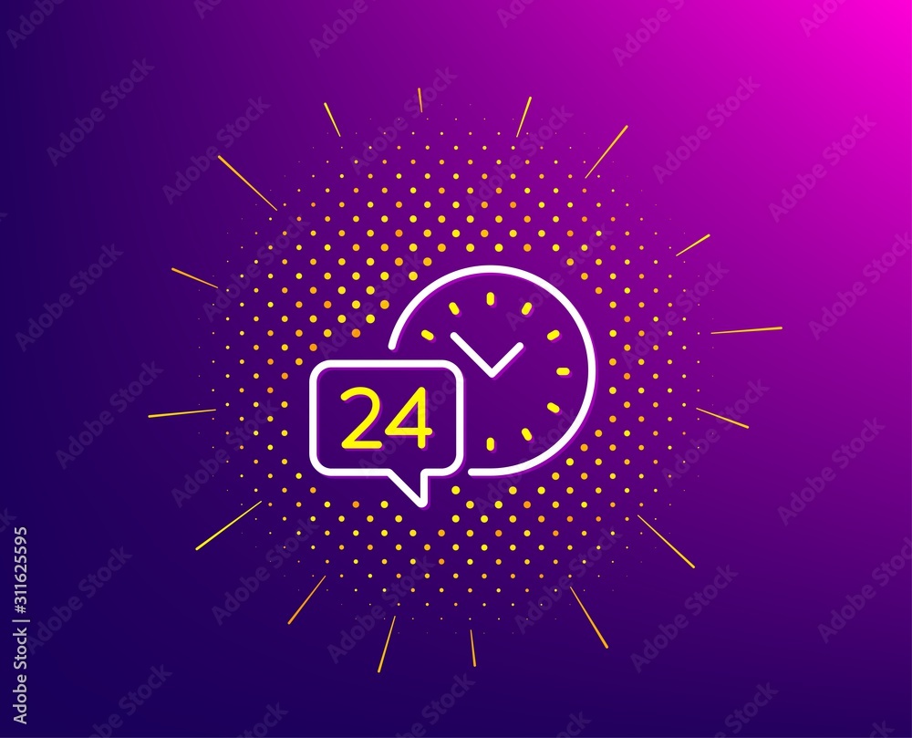 24 hour time service line icon. Halftone pattern. Call support sign. Feedback chat symbol. Gradient background. 24h service line icon. Yellow halftone pattern. Vector 24 hour time service line icon. Halftone pattern. Call support sign. Feedback chat symbol. Gradient background. 24h service line icon. Yellow halftone pattern. Vector