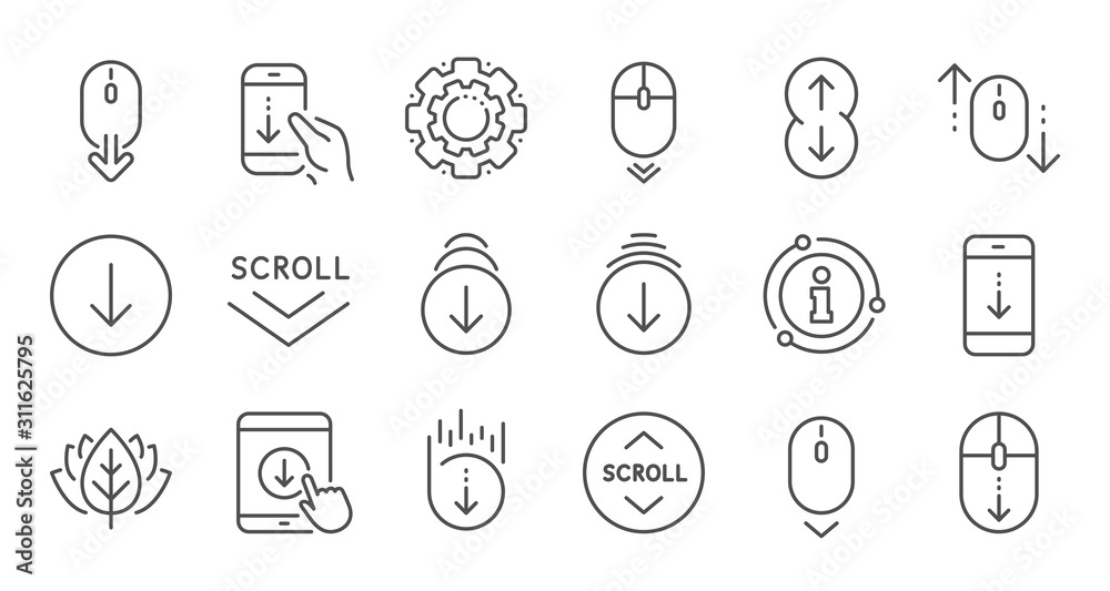 Scroll down line icons. Scrolling mouse, landing page swipe signs. Mobile device technology icons. Website scroll navigation. Phone scrolling. Linear set. Quality line set. Vector Scroll down line icons. Scrolling mouse, landing page swipe signs. Mobile device technology icons. Website scroll navigation. Phone scrolling. Linear set. Quality line set. Vector
