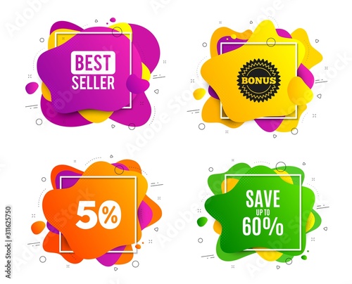Save up to 60%. Liquid shape, various colors. Discount Sale offer price sign. Special offer symbol. Geometric vector banner, square frames. Discount text. Gradient shape badge. Vector