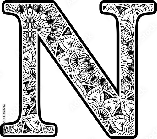 capital letter n with abstract flowers ornaments in black and white. design inspired from mandala art style for coloring. Isolated on white background