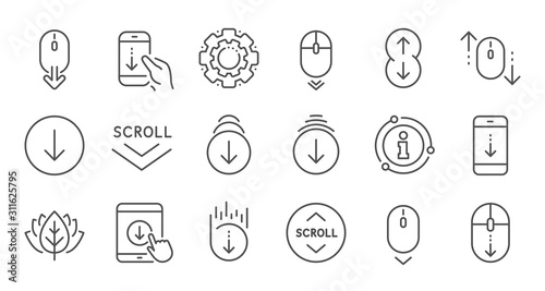 Scroll down line icons. Scrolling mouse, landing page swipe signs. Mobile device technology icons. Website scroll navigation. Phone scrolling. Linear set. Quality line set. Vector