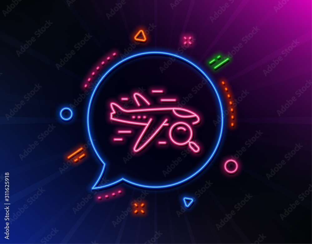 Search flight line icon. Neon laser lights. Find travel sign. Magnify glass. Glow laser speech bubble. Neon lights chat bubble. Banner badge with search flight icon. Vector