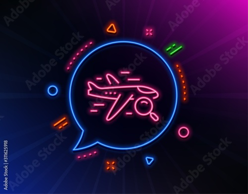 Search flight line icon. Neon laser lights. Find travel sign. Magnify glass. Glow laser speech bubble. Neon lights chat bubble. Banner badge with search flight icon. Vector
