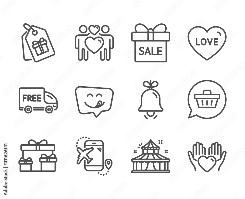 Set of Holidays icons, such as Bell, Coupons, Love, Surprise boxes, Free delivery, Hold heart, Shopping cart, Circus, Love couple, Flight destination, Sale offer, Yummy smile line icons. Vector