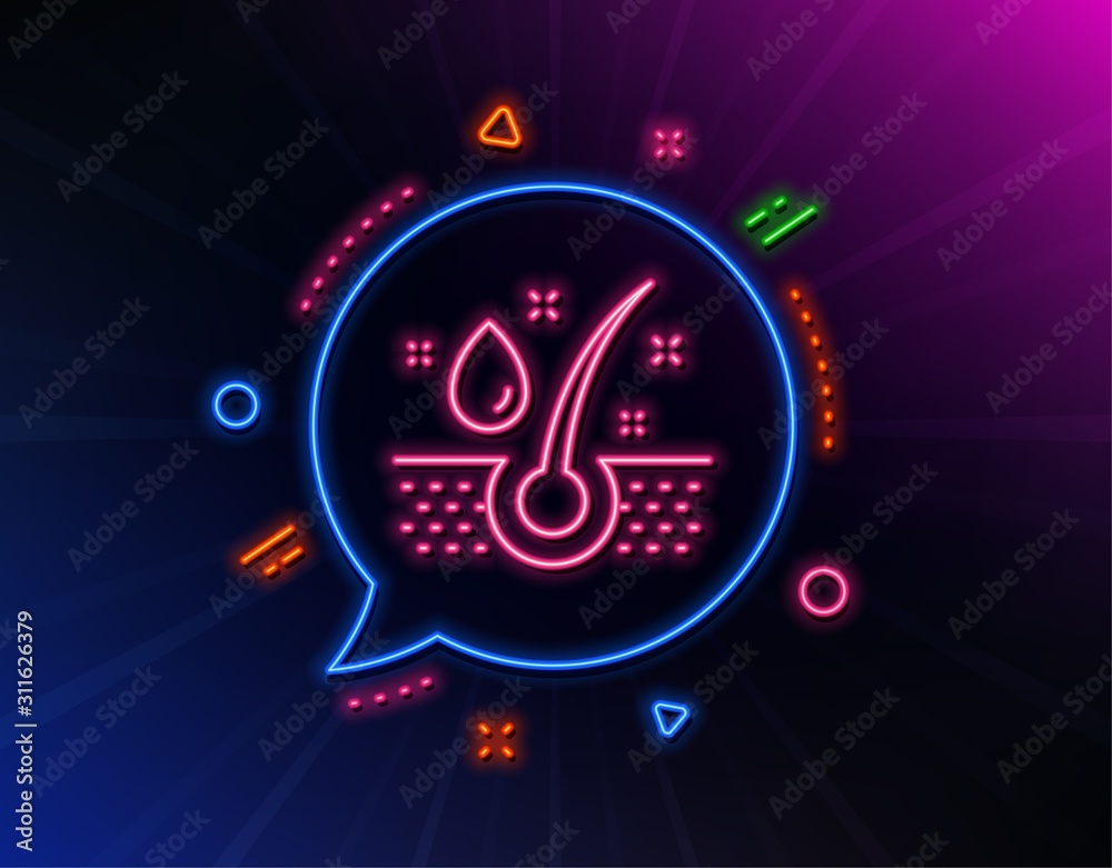 Serum oil drop line icon. Neon laser lights. Hair care sign. Glow laser speech bubble. Neon lights chat bubble. Banner badge with serum oil icon. Vector
