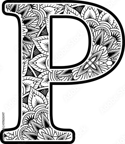 capital letter p with abstract flowers ornaments in black and white. design inspired from mandala art style for coloring. Isolated on white background