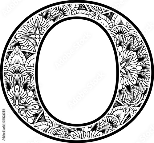 capital letter o with abstract flowers ornaments in black and white. design inspired from mandala art style for coloring. Isolated on white background