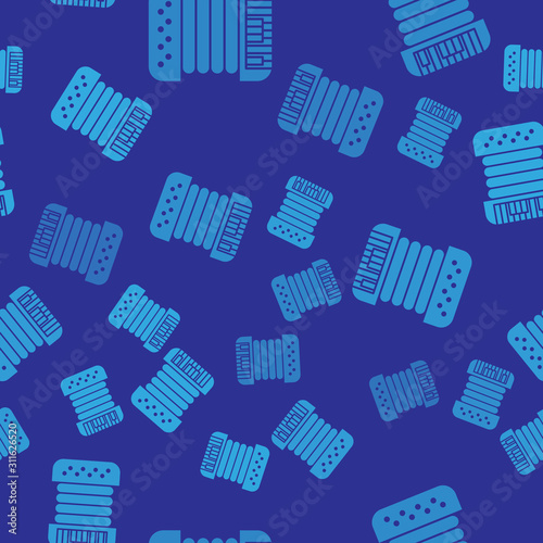Blue Musical instrument accordion icon isolated seamless pattern on blue background. Classical bayan, harmonic. Vector Illustration
