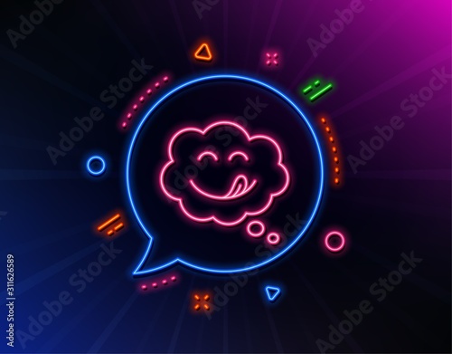 Yummy smile line icon. Neon laser lights. Emoticon with tongue sign. Comic speech bubble symbol. Glow laser speech bubble. Neon lights chat bubble. Banner badge with yummy smile icon. Vector