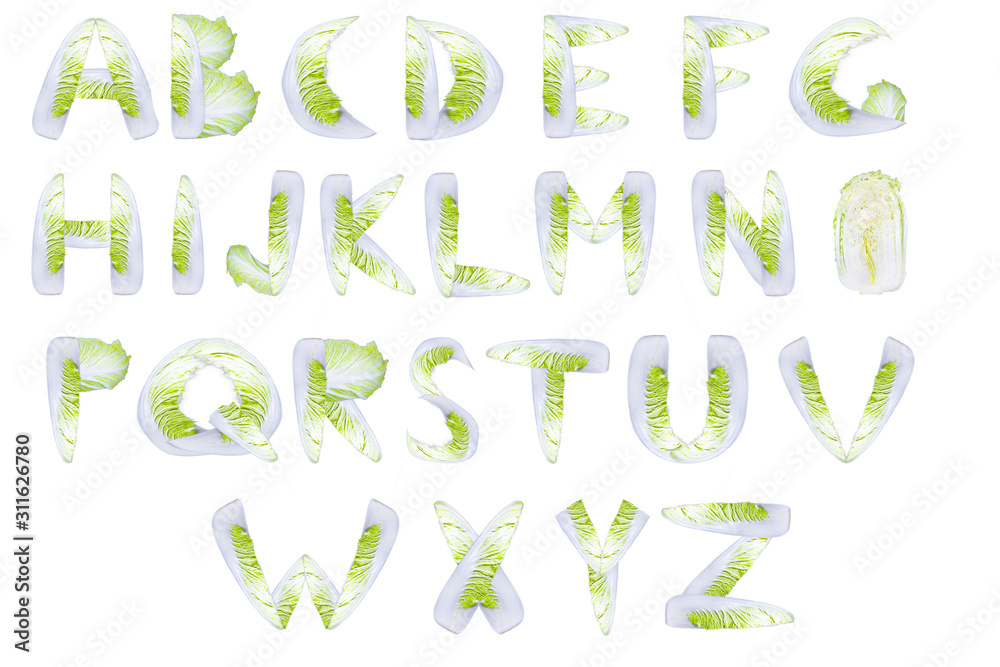 English alphabet made from green cabbage English alphabet made from green cabbage
