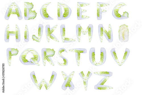 English alphabet made from green cabbage