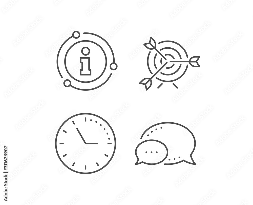 Target line icon. Chat bubble, info sign elements. Marketing targeting strategy symbol. Aim with arrows sign. Linear target outline icon. Information bubble. Vector Target line icon. Chat bubble, info sign elements. Marketing targeting strategy symbol. Aim with arrows sign. Linear target outline icon. Information bubble. Vector