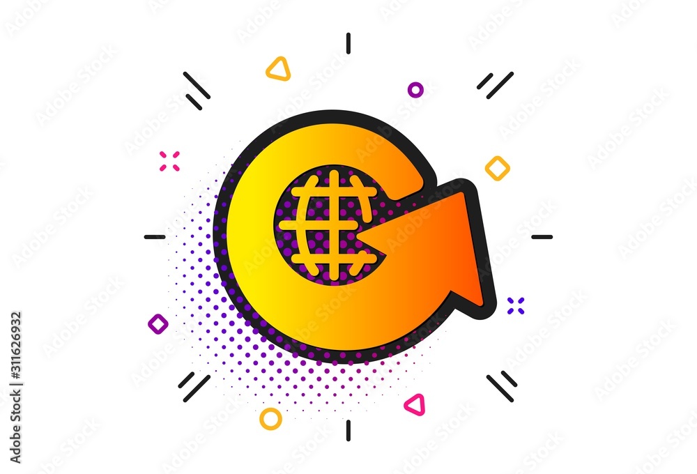 Share arrow sign. Halftone circles pattern. Global business icon. World globe symbol. Classic flat world globe icon. Vector