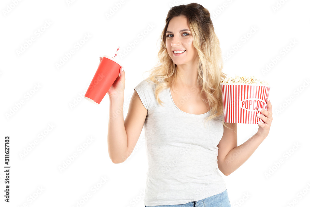 Young woman holding bucket with popcorn and paper cup on white background Young woman holding bucket with popcorn and paper cup on white background