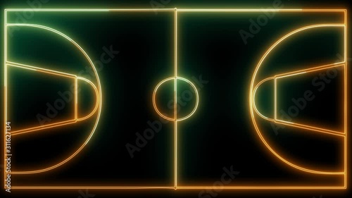 Neon, shiny glowing outline of Basketball court. Sport concept, area of basketball game, parquet with neon lights. 