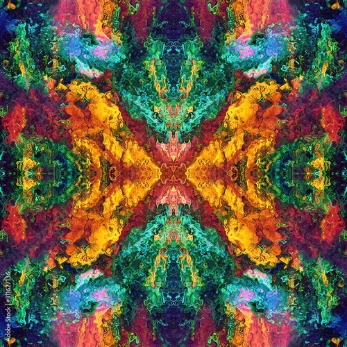 Abstract ethnic background with colorful gradient. Endless seamless pattern. Backdrop with yellow, pink, blue, and yellow colors. Pattern for textile, fabric, tile, package, gift and wrapping paper.