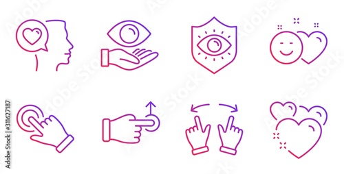 Eye protection, Move gesture and Touchscreen gesture line icons set. Romantic talk, Health eye and Smile signs. Drag drop, Heart symbols. Optometry, Swipe. People set. Vector