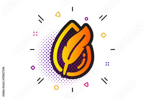 Feather sign. Halftone circles pattern. Hypoallergenic tested icon. No synthetic symbol. Classic flat hypoallergenic tested icon. Vector