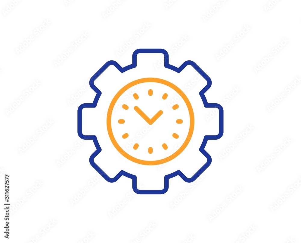 Clock sign. Time management line icon. Gear symbol. Colorful outline concept. Blue and orange thin line time management icon. Vector Clock sign. Time management line icon. Gear symbol. Colorful outline concept. Blue and orange thin line time management icon. Vector