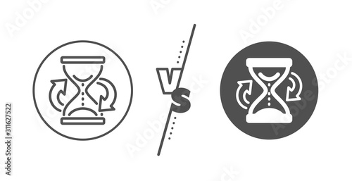 Sand watch sign. Versus concept. Time hourglass refresh line icon. Line vs classic hourglass icon. Vector