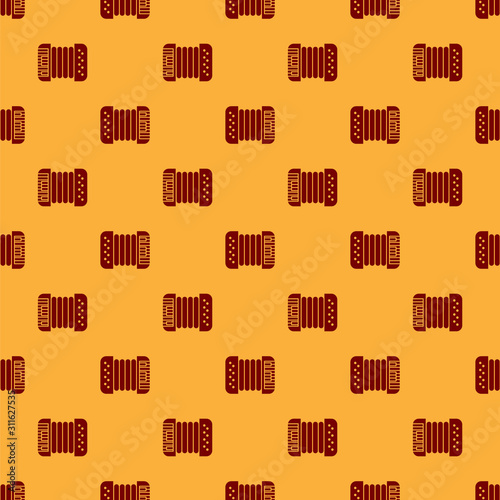 Red Musical instrument accordion icon isolated seamless pattern on brown background. Classical bayan, harmonic. Vector Illustration