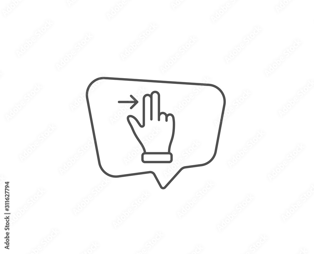 Touchscreen gesture line icon. Chat bubble design. Slide right arrow sign. Swipe action symbol. Outline concept. Thin line touchscreen gesture icon. Vector Touchscreen gesture line icon. Chat bubble design. Slide right arrow sign. Swipe action symbol. Outline concept. Thin line touchscreen gesture icon. Vector