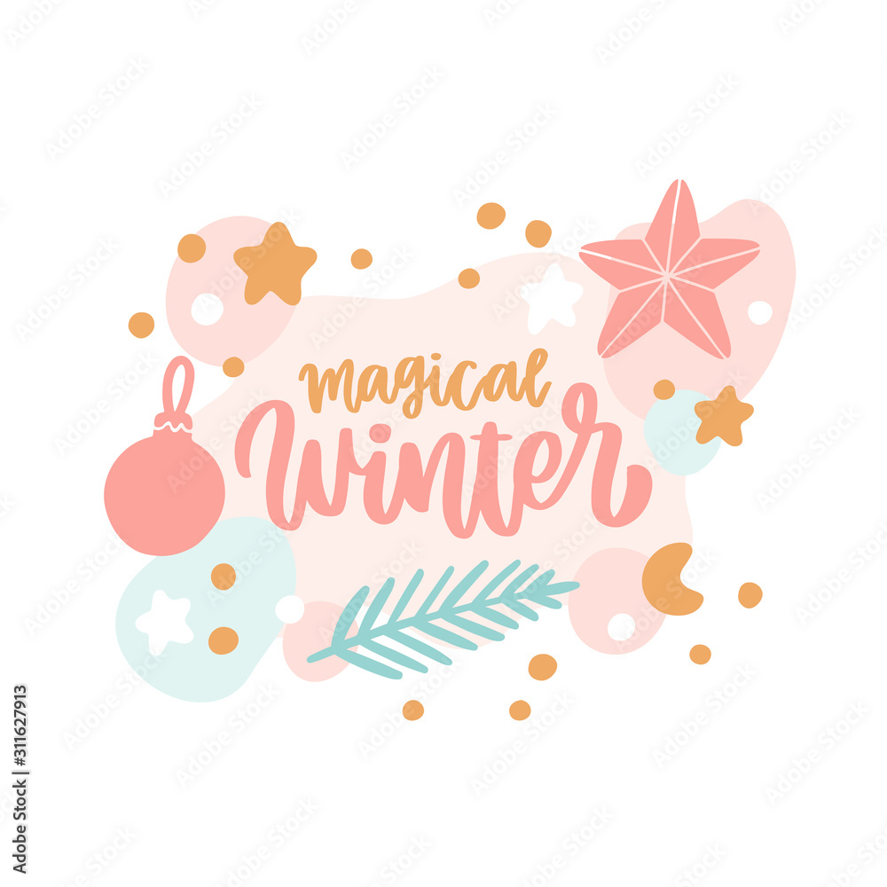 Scandinavian card with stars, fir-tree, christmas decorations and inscription: Magical winter! It can be used for card, mug, brochures, poster, t-shirts, phone case etc.
