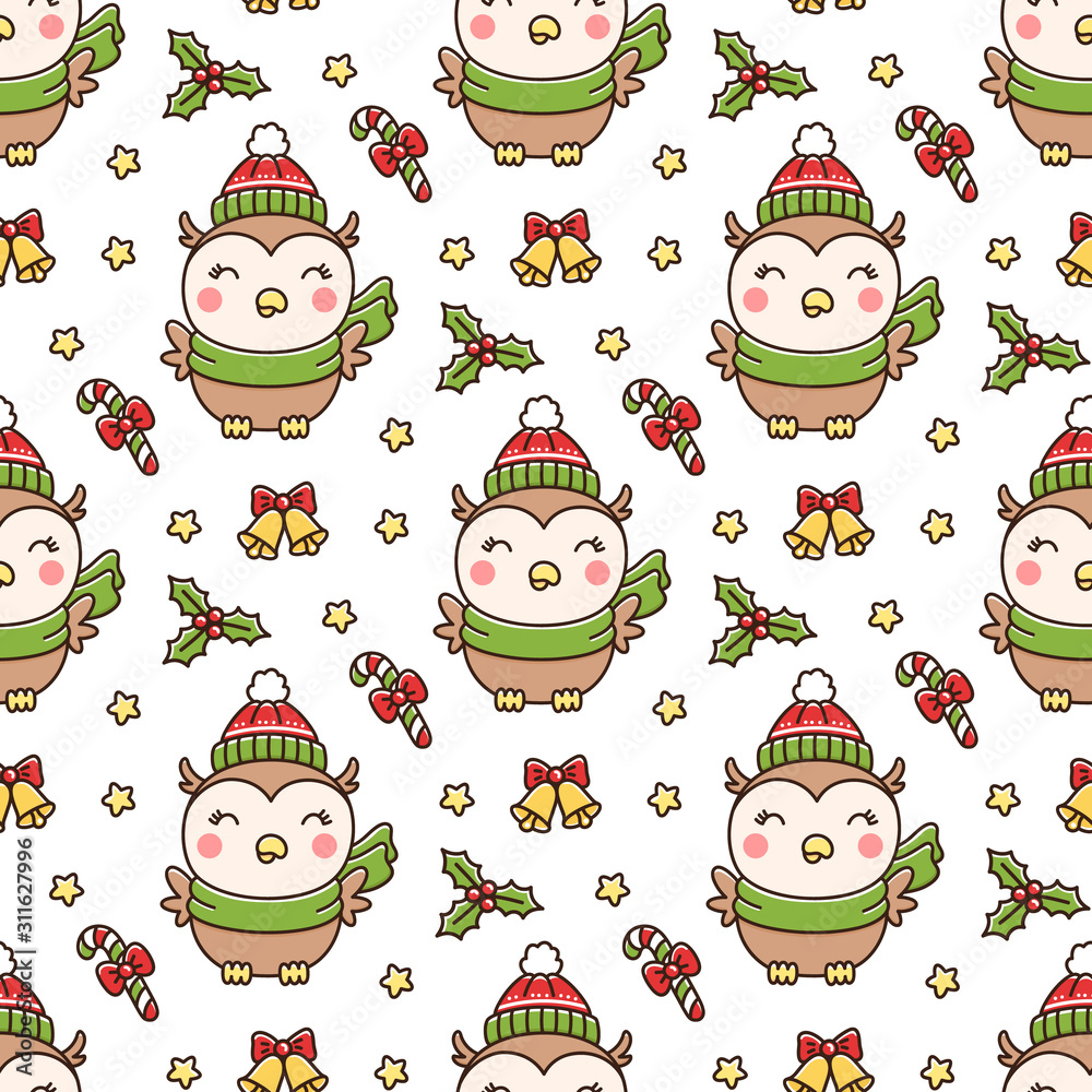 Seamless pattern with cute owl and stars, mistletoe, candy canes, bells. It can be used for packaging, wrapping paper, textile and etc. Seamless pattern with cute owl and stars, mistletoe, candy canes, bells. It can be used for packaging, wrapping paper, textile and etc.