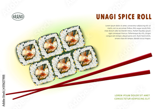 Menu design layout. Japaneese food, realistic drawins of rolls and sticks. Useful for restaurant advertising graphic printable design.
