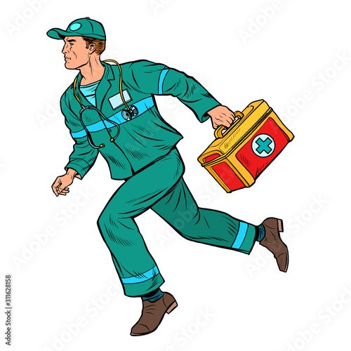 An ambulance doctor. Male medic with first aid kit