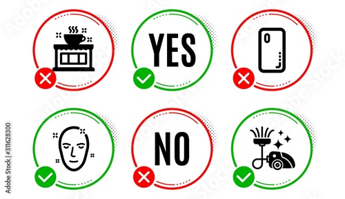 Health skin, Coffee shop and Smartphone cover icons simple set. Yes no check box. Vacuum cleaner sign. Clean face, Tea house, Phone. Vacuum-clean. Business set. Health skin icon. Check mark. Vector