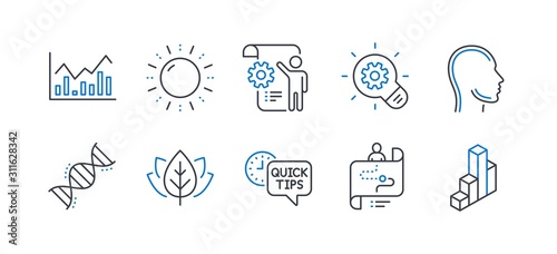 Set of Science icons, such as Cogwheel, Settings blueprint, Chemistry dna, Quick tips, Organic tested, Journey path, Head, Infochart, Sun energy, 3d chart line icons. Line cogwheel icon. Vector