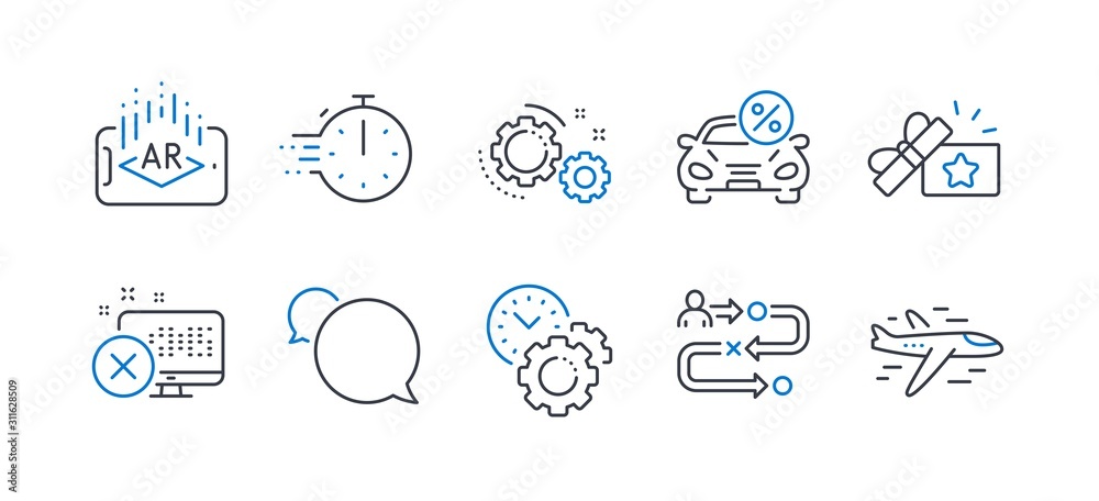 Set of Technology icons, such as Time management, Car leasing, Gears, Loyalty gift, Cooking timer, Reject access, Augmented reality, Journey path, Messenger, Airplane line icons. Vector Set of Technology icons, such as Time management, Car leasing, Gears, Loyalty gift, Cooking timer, Reject access, Augmented reality, Journey path, Messenger, Airplane line icons. Vector