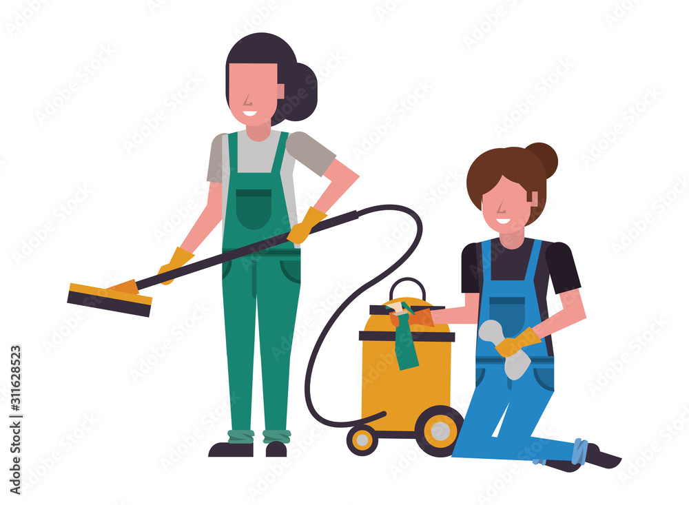 housekepping female workers with equipment characters housekepping female workers with equipment characters
