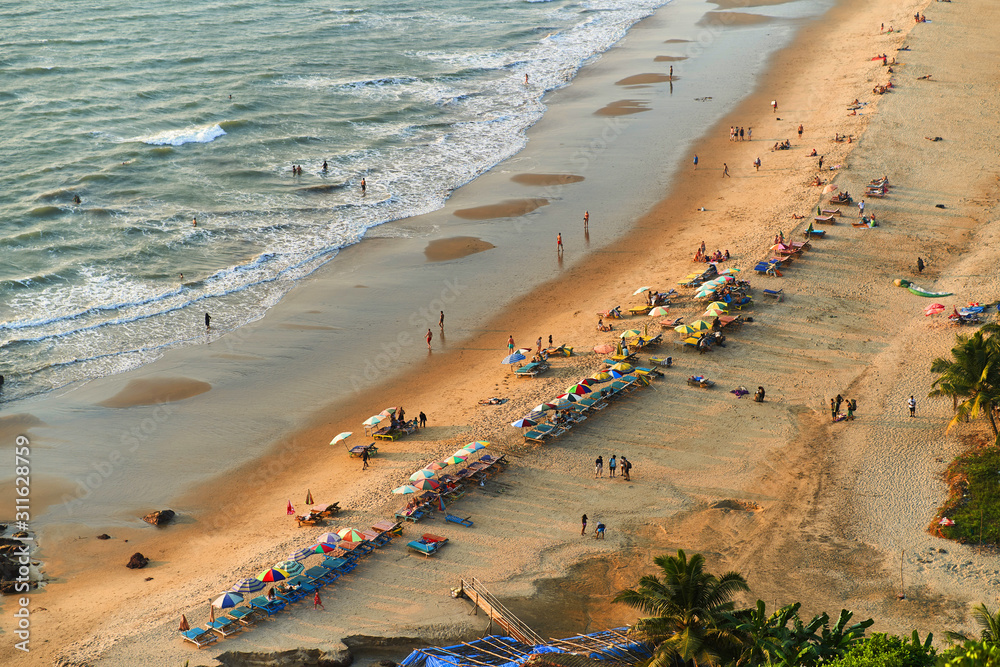 Beauty Wagh (Tiger) Arambol beach aerial view landscape, Goa state in India. View from Mount Arambol