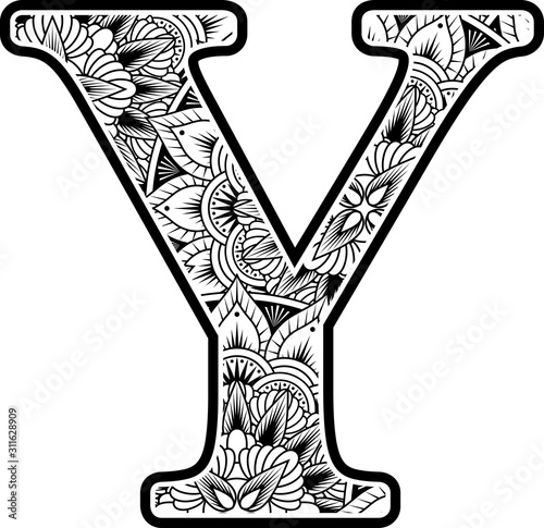 capital letter y with abstract flowers ornaments in black and white. design inspired from mandala art style for coloring. Isolated on white background