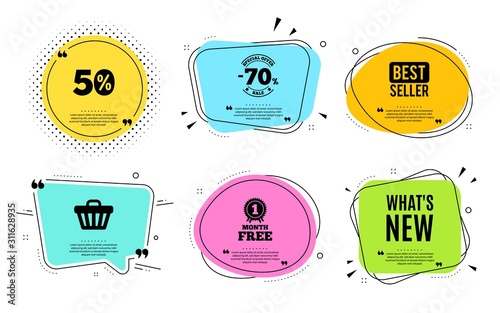 Whats new symbol. Best seller, quote text. Special offer sign. New arrivals symbol. Quotation bubble. Banner badge, texting quote boxes. Whats new text. Coupon offer. Vector