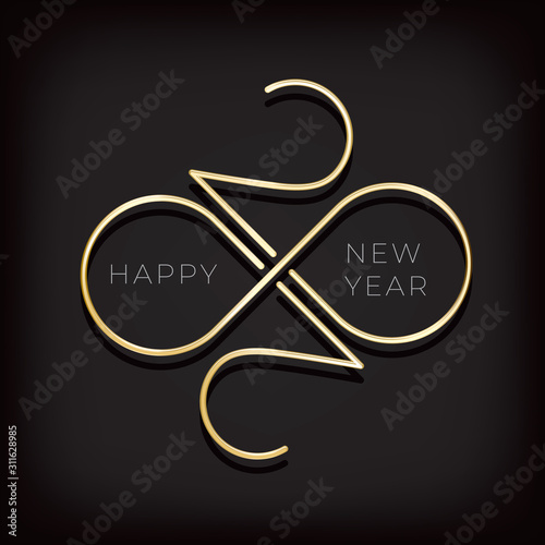 2020 Rhombus Shape Composition Gold Numerals Logo with Zeroes Making Mobius Loop and Happy New Year Greetings Lettering - Golden on Black Background - Gradient Graphic Design