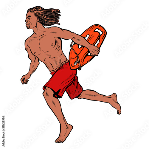 Water rescuer Hawaiian man runs to the aid of drowning man