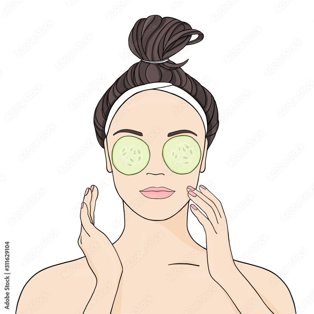 Beautiful girl puts a cucumber mask on her eyes. Theme of beauty and health. Beautiful girl puts a cucumber mask on her eyes. Theme of beauty and health.