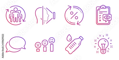 Teamwork, Loan percent and Eye checklist line icons set. Messenger, Face id and Water bottle signs. Customer satisfaction, Idea symbols. Employees change, Change rate. Business set. Vector