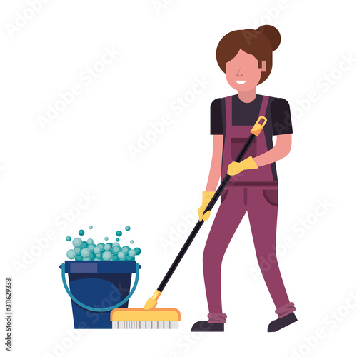 housekepping woman worker with brush cleaner character