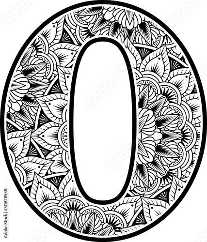 number 0 with abstract flowers ornaments in black and white. design inspired from mandala art style for coloring. Isolated on white background