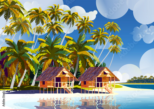 Polynesia Tahiti Tropical Beach Landscape with traditional houses, palm trees and island in the background.